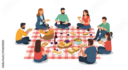 Group of 8 enjoying a picnic on a redcheckered blanket surrounded by food drinks and openair ambiance
