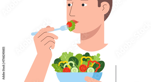 Man eating a salad with a fork Bowl filled with lettuce bell peppers tomatoes and cucumbers