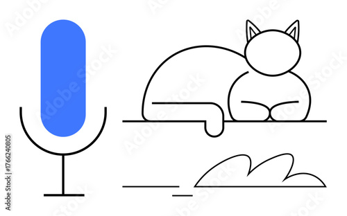Minimal line art of a large microphone with a blue accent and a lounging cat on a surface. Ideal for technology, relaxation, calm communication, AI, modern lifestyle, creativity, simple flat metaphor