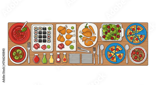 A banquet of assorted foods arranged on a wooden table