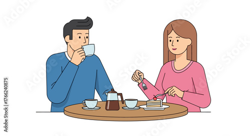 A couple sits at a table enjoying cake and coffee in a cafe setting