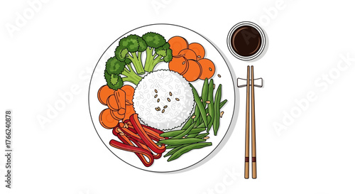A plate of rice with broccoli carrots peppers and green beans accompanied by soy sauce and chopsticks