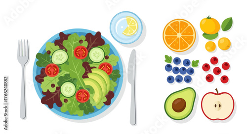 A plate of salad a fork a knife a glass of water and various fruits