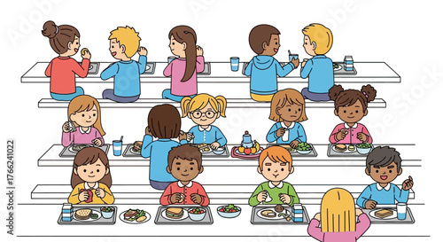 Children sit at cafeteria tables eating meals