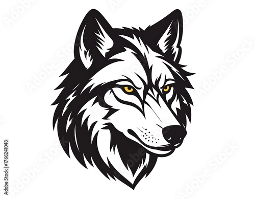 Black and white portrait of a wolf head with piercing yellow eyes