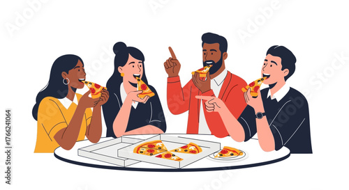 Four people eat pizza around a table one points up and another points right