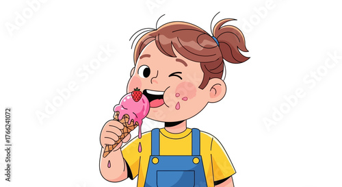 Girl winking while enjoying a dripping strawberry ice cream in a cone