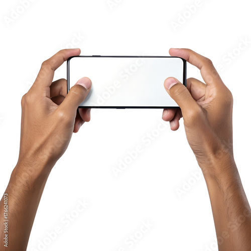 Two hands hold a generic modern smartphone in horizontal orientation, displaying a blank white screen for copy space, isolated on black.