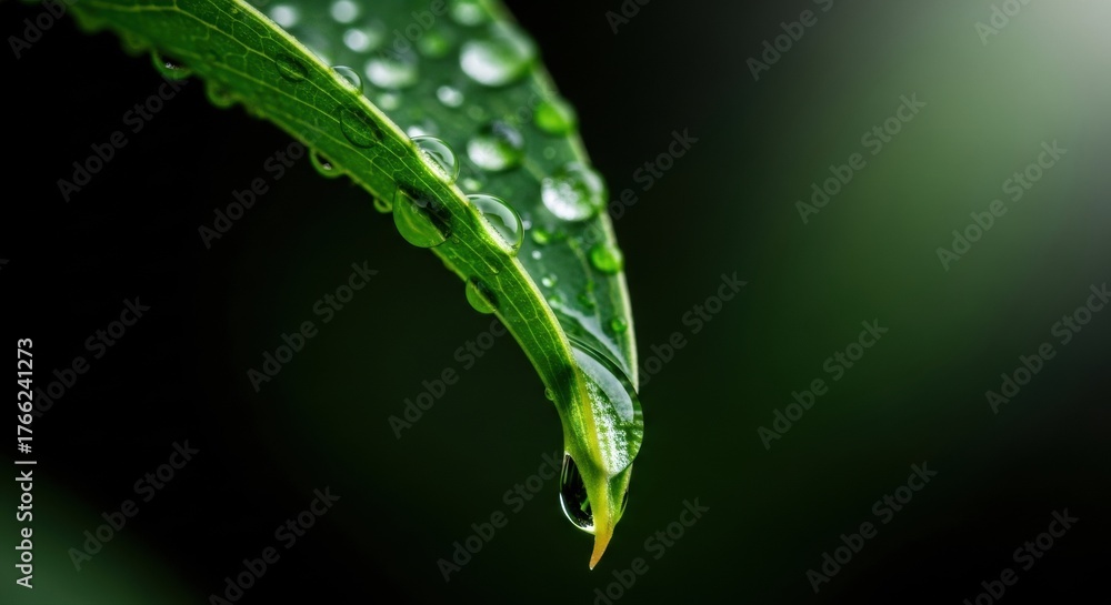 Obraz premium Close up of a green leaf with water droplets clinging to it against a dark blurred background