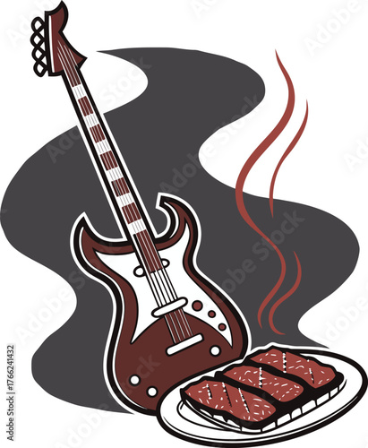 Electric Guitar Rock and Roll BBQ Steaks Grilling Food