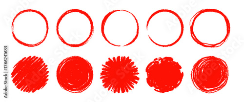 Brush red Japanese sun circle frame set. Hand drawn rough scribble grunge texture effect red circle. Grunge crayon japan flag round stamp. Pencil, marker stroke paint border. Vector illustration
