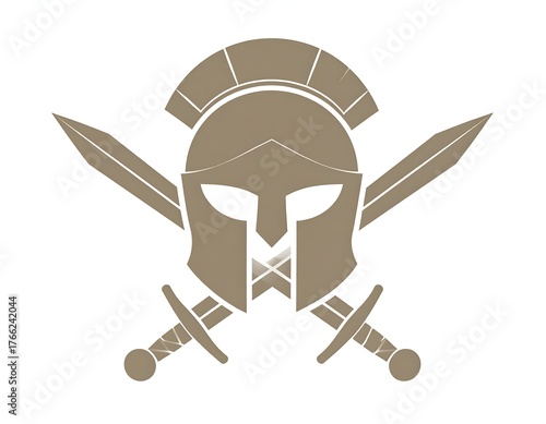 Bronze-toned depiction of a helmet with crossed swords