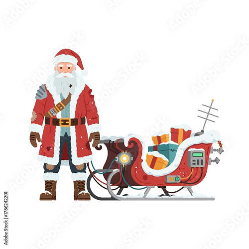 Futuristic Santa Claus with High-Tech Sleigh and Gifts for Christmas.