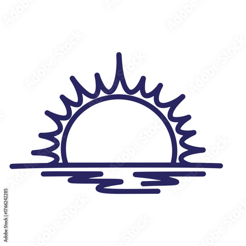 Stylized doodle out line illustration of a sunrise over water with serene and calm ambiance