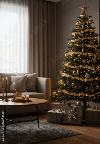 Beautifully illuminated living room scene during a festive holiday night, showcasing elegant decorations and a sparkling tree ,festive ,joyful ,wonderful