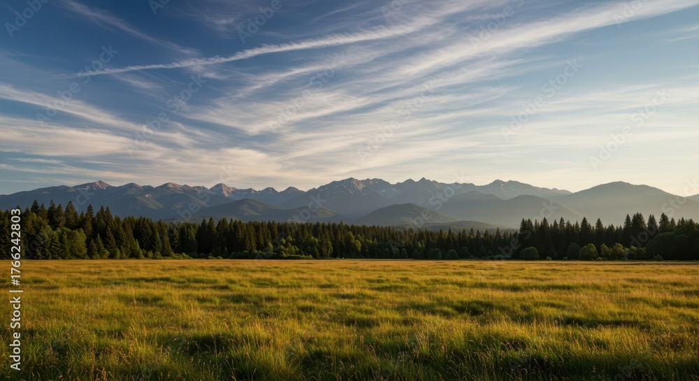 Obraz premium Expansive view of a vast, tranquil meadow bordered by dense forest and dramatic mountain ranges reaching toward the distant, open horizon ,tranquil ,rugged ,meadow