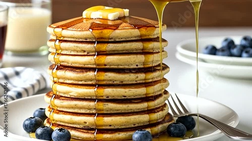 Tall stack of fluffy pancakes drizzled with syrup, topped with butter and surrounded by blueberries
