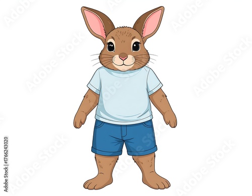 Cartoon hare wearing a white shirt and blue shorts, on white