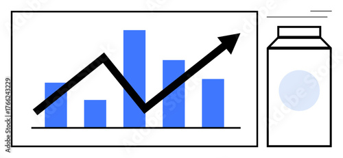 Blue bar chart with rising black line trend, milk carton symbolizing dairy market or growth insight. Ideal for business analysis, marketing, investment, food industry, sales tracking, economy, simple
