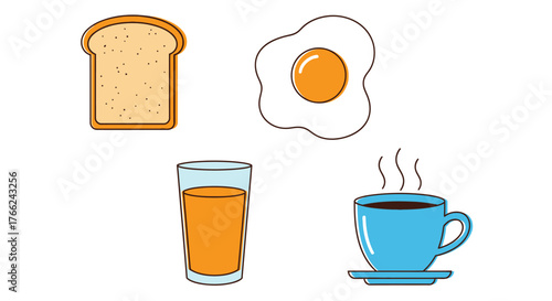 Simple breakfast illustration featuring toast fried egg juice and coffee