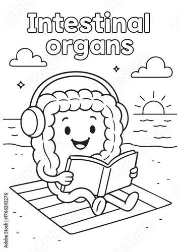coloring book intestine reading on beach with headphones anatomy fun design