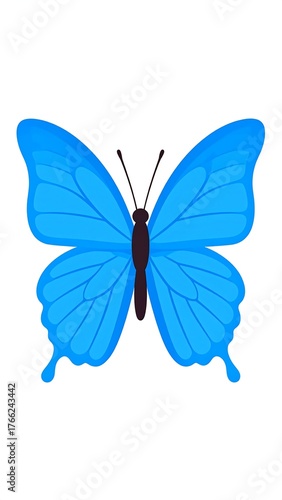 Cartoon illustration of a vibrant, symmetrical, blue butterfly