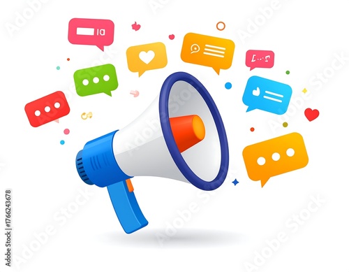 Cartoon megaphone projecting comments and social media icons