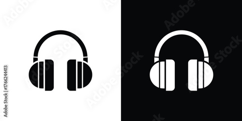 Headphones Icon, Headset in Black and White Minimalist Style Audio Device Symbol
