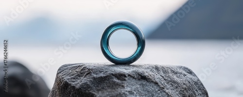 A modern ring resting on a rock with a serene natural background.