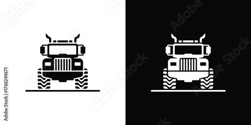 Minimalist SemiTruck Icon, Front View, HeavyDuty Vehicle, Big Rig on Transparent