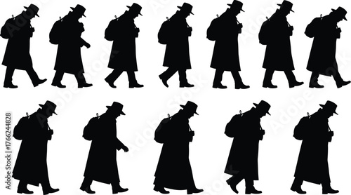PrintWalking silhouette sequence, motion study vector, animated character poses, black figure with backpack, coat and hat, locomotion design pack