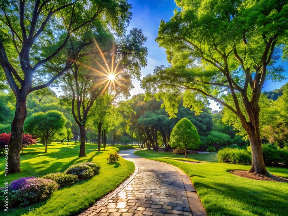 Obraz premium Sun shining through park trees