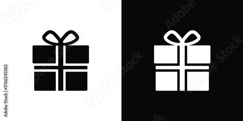 Two gift boxes with ribbon icon, one black on white, one white on black, simple design