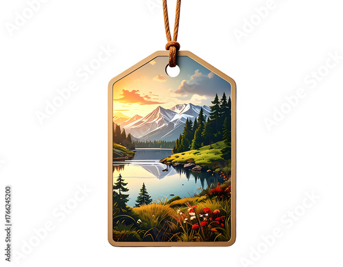 Scenic mountain landscape depicted inside a wooden tag hanging from a string against a black background