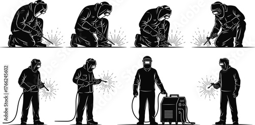 Welding silhouette set, industrial worker poses, black vector illustration, metalwork activity icons, sparks and tools, manufacturing design pack