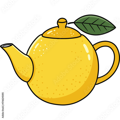 Cartoon illustration of a yellow teapot with a leaf green drink beverage kitchen tableware hot design drawing