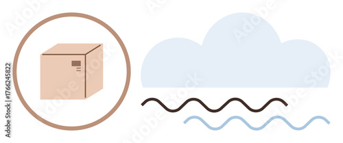 Box inside circle next to cloud with stylized waves, combining delivery and sustainability concepts. Ideal for logistics, eco-shipping, supply chain, technology, environment, climate, efficiency