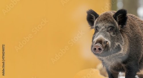A close-up portrait of a wild boar on a yellow background. Wildlife animal with copy space for a banner or header