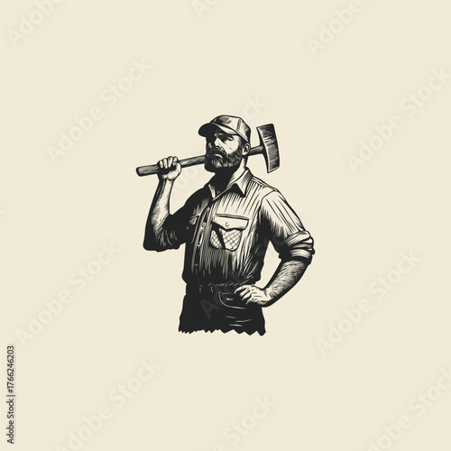 vintage hand-drawn engraving illustration of a strong, bearded man wearing a baseball cap and holding a large axe over his shoulder