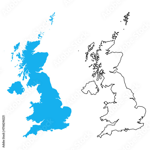 United Kingdom Country Map. Map with detailed outlines and blue silhouettes