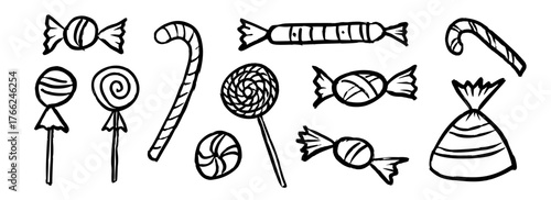 Hand drawn candy doodle set. Sketched wrapped sweets collection with candy canes, lollipops, mints. Festive decoration for birthday party, Halloween, Christmas holiday. Vector sweet wrapper pack
