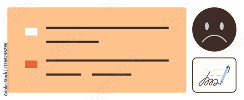 Feedback form with two options, sad face emotion representing dissatisfaction, and signature block. Ideal for customer service, feedback, complaint, rating, review, communication simple flat