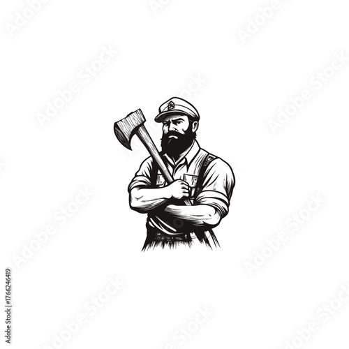 Bold vintage engraving illustration of a strong, bearded man wearing a captain's or sailor's cap and suspenders, holding an axe with his arms crossed