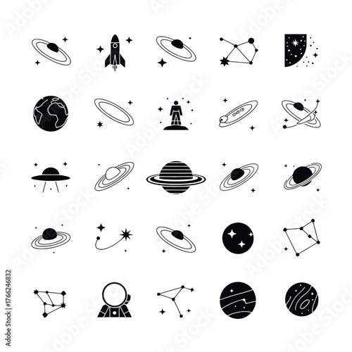 Celestial bodies and space exploration symbols planets stars