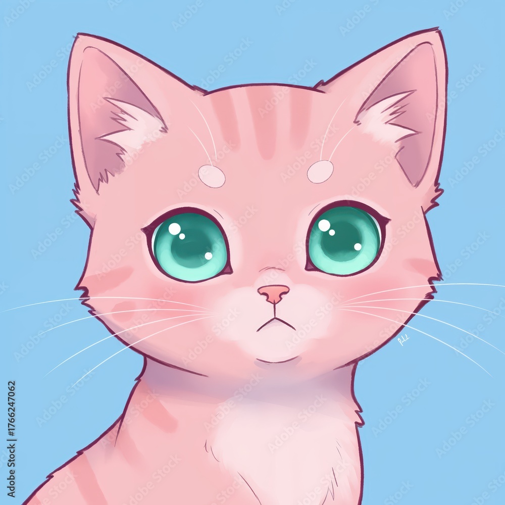 Fototapeta premium Sweet Pink Cat: A charming and adorable pink cat with big green eyes. The cat embodies the playful spirit and sweet nature, perfect for any project.