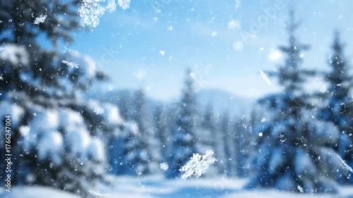 Beautiful individual snowflakes gently drift and fall through a serene winter air against a softly blurred natural background fall, gently, texture