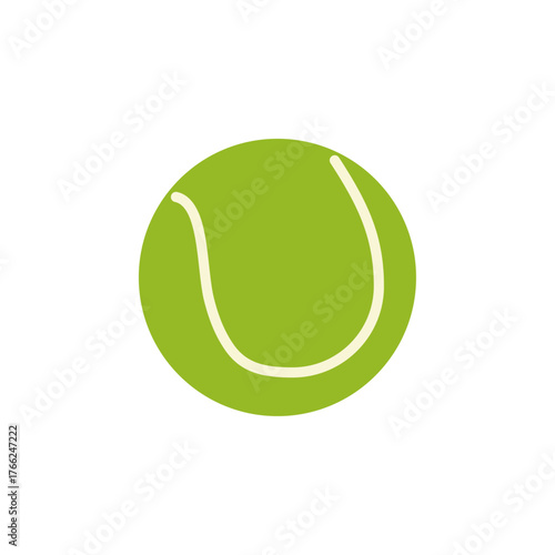 flat design of tennis ball. It is predominantly a vibrant lime green color, with a distinctive light beige or off-white curved line pattern on its surface, characteristic of a tennis ball