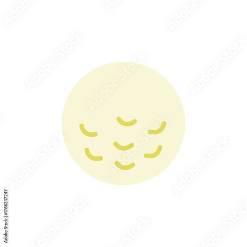 flat design of golf ball. It is a light cream or off-white colored sphere with several small, dark brown, crescent-shaped markings scattered across its surface, representing the dimples of a golf ball