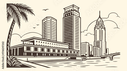Tampa skyline vector with buildings and palm trees for sunny florida designs. Suitable for travel, tourism, real estate, and citythemed projects.