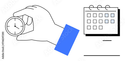 Hand holding small clock next to a spiral calendar with marked dates. Ideal for planning, organization, punctuality, time tracking, productivity, workflow, scheduling. Minimalist flat metaphor